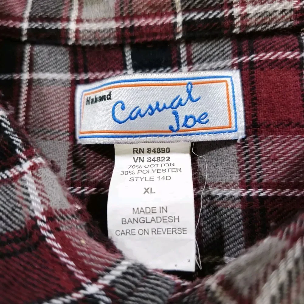 Vintage Haband Casual Joe Flannel Shirt Mens XL Burgundy Black Plaid Pearl Snap